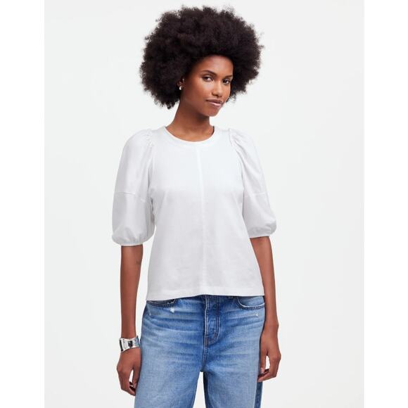 Madewell Puff-Sleeve Tee S White Crewneck Cotton Jersey Relaxed Fit Ruffle Trim - Picture 1 of 9